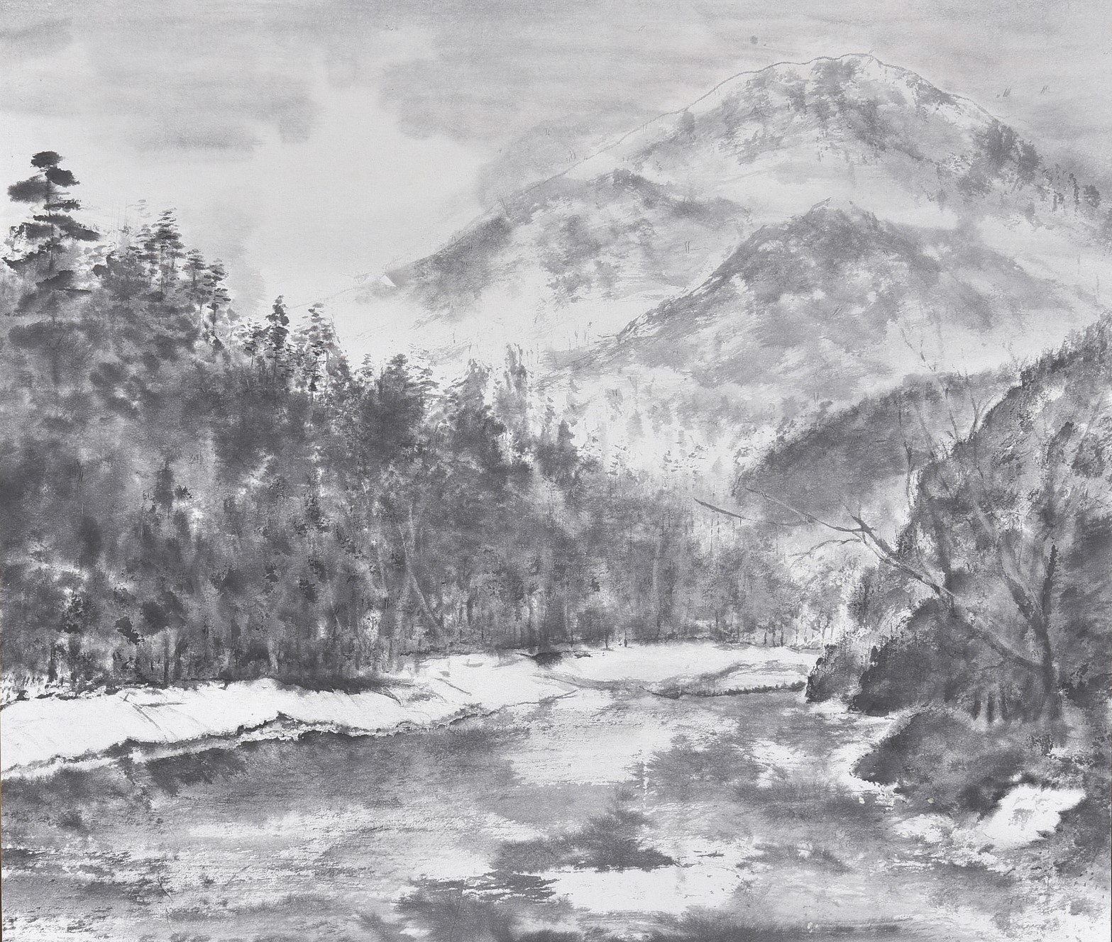２０年程前に購入しました棚田 山水河 75㎝額 水墨風景画 里山風景 故郷 農村 北陸地方 日本の原風景