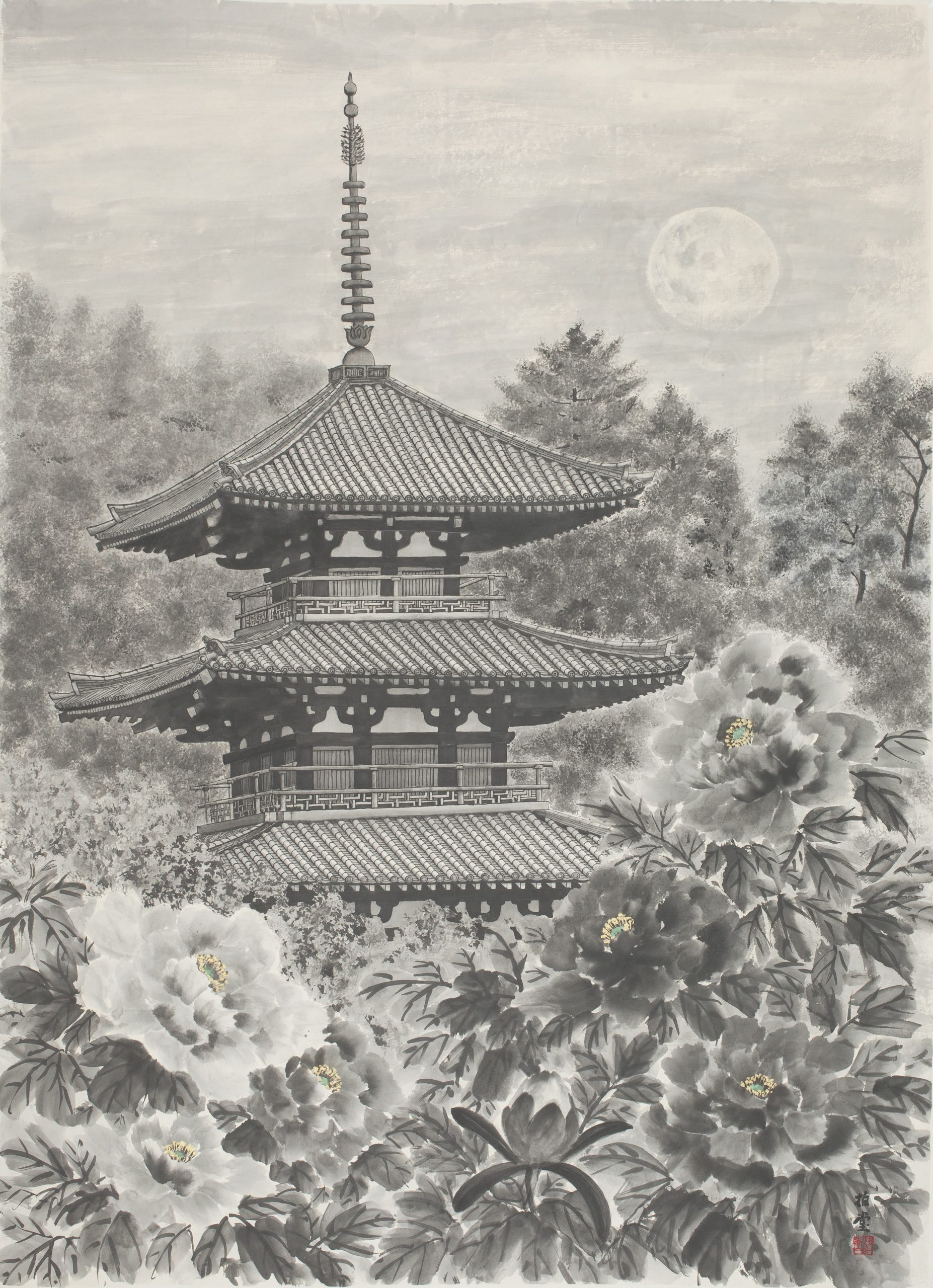 日本南画院理事 金沢徹 『世界文化遺産 国宝 法隆寺』 額装 - 絵画 